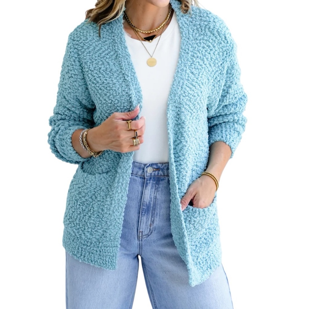 Zenana Popcorn Sweater Cardigan Textured Knit in Dusty Teal